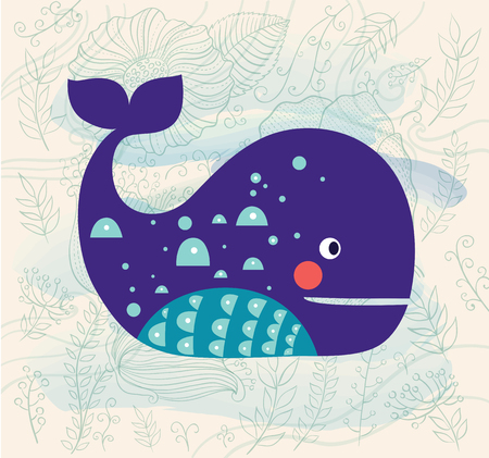 Vector illustration with whale and beautiful background with waves and flowersのイラスト素材
