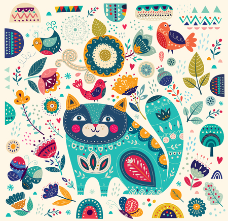 Beautiful decorative vector cat in blue color with butterflies, birds and flowers