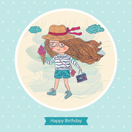 Happy Birthday greeting card with amazing girl.のイラスト素材
