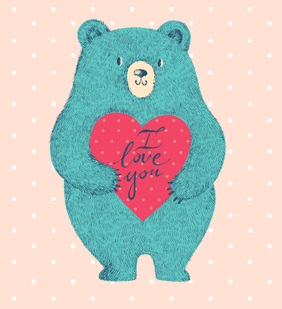 Vector colored illustration with cute bear on pink backgroundのイラスト素材