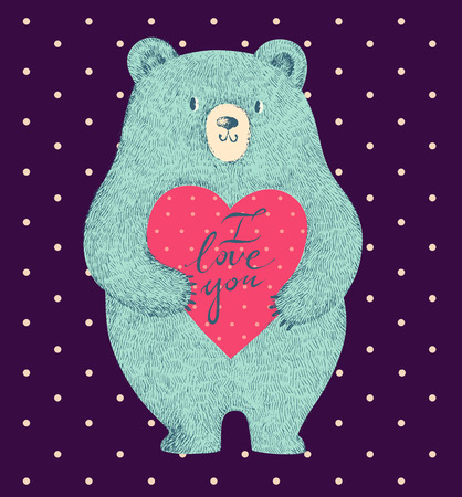 Vector colored illustration with cute bear on dark blue backgroundのイラスト素材