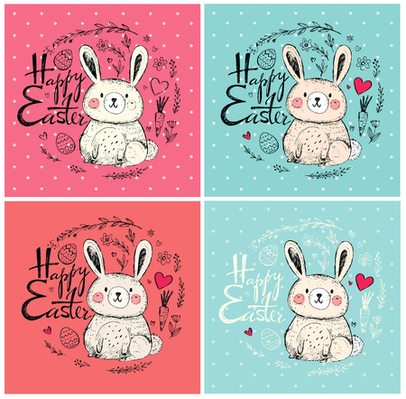 Set of easter greeting card with bunny and floral backgroundのイラスト素材