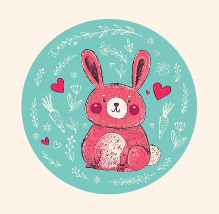Vector illustration with little funny bunny and floral backgroundのイラスト素材