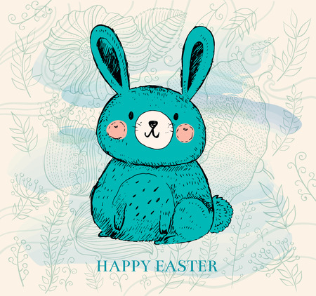 Easter greeting card with little funny bunny in blue colorのイラスト素材