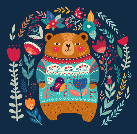 Vector pattern with adorable bear, flowers and leavesのイラスト素材
