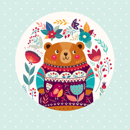Vector pattern with adorable bear, flowers and leavesのイラスト素材