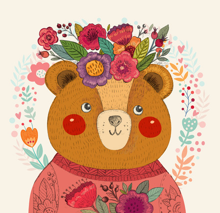 Illustration with cute bear and flowers on his headのイラスト素材