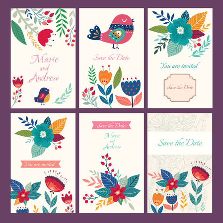 Vector wedding floral collection with greeting cards with flowers, leaves and birdのイラスト素材