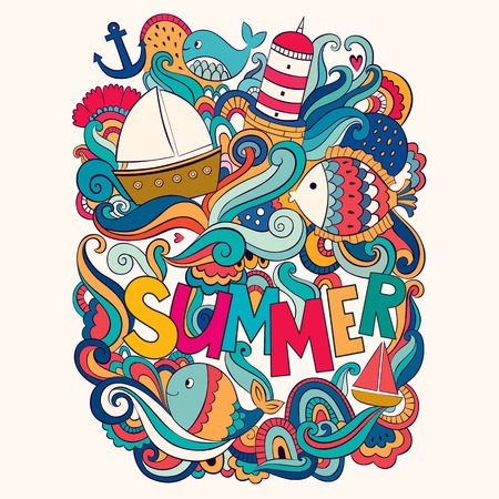 colorful illustration with summer symbols. Cartoon summer designのイラスト素材