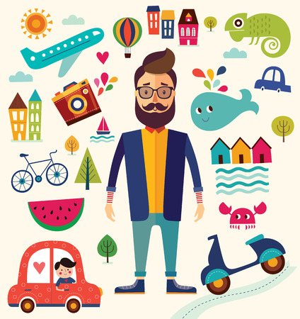 The man with summer and travel symbolsのイラスト素材