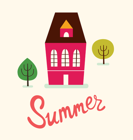 summer illustration with red houseのイラスト素材