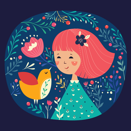 Girl and birdのイラスト素材