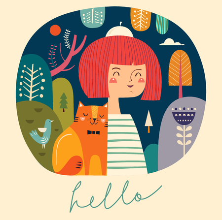 Girl and catのイラスト素材