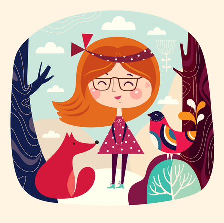 Smiling girl with fox and bird in a forestのイラスト素材