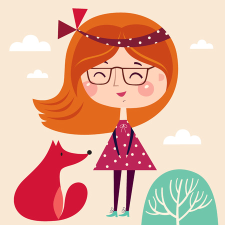 Smiling girl and fox on cloud backgroundのイラスト素材