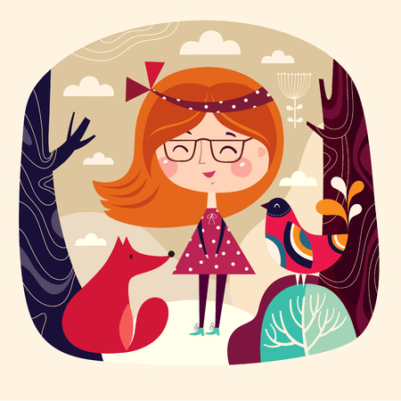 Smiling girl with fox and bird in a forestのイラスト素材