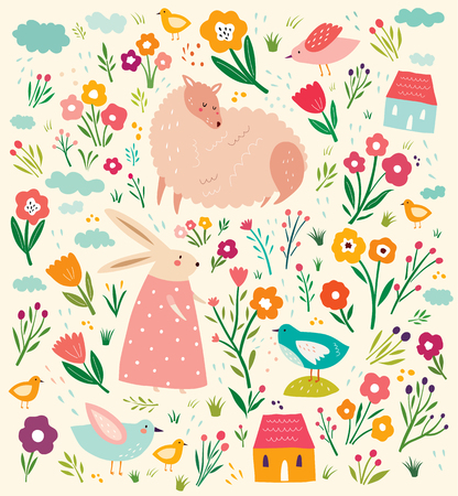 Vector elegant childish pattern with cute bunny rabbit, lamb and flowers. Holiday easter background in cute cartoon style. Stylish holiday background.のイラスト素材