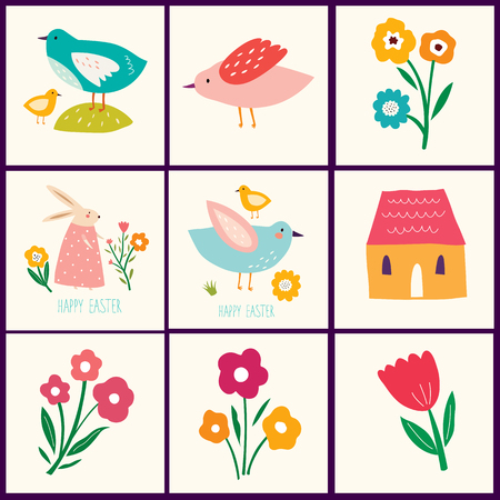 Collection of cute happy easter card. Vector elegant childish illustrations with cute bunny, birds and flowers. Holiday easter illustration in cartoon style.のイラスト素材
