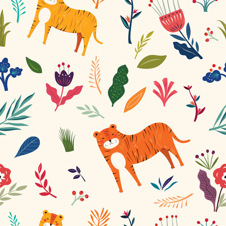 Seamless pattern with tiger and flowersのイラスト素材