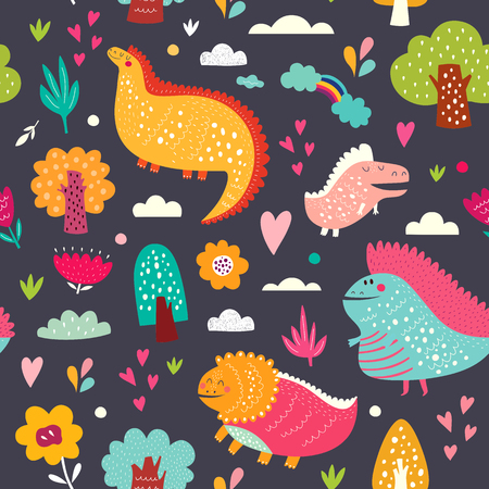 Seamless pattern with cute funny dinosaurs, trees, hearts, flowers and leaves.のイラスト素材