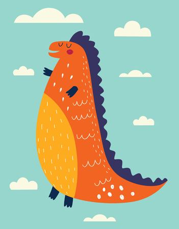 Funny dinosaur against sky and cloudsのイラスト素材