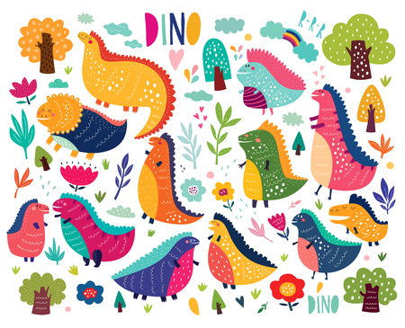 Funny poster with dinosaurs and trees on white backgroundのイラスト素材