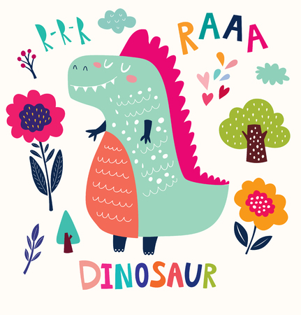 Illustration with funny dinosaur and flowerのイラスト素材