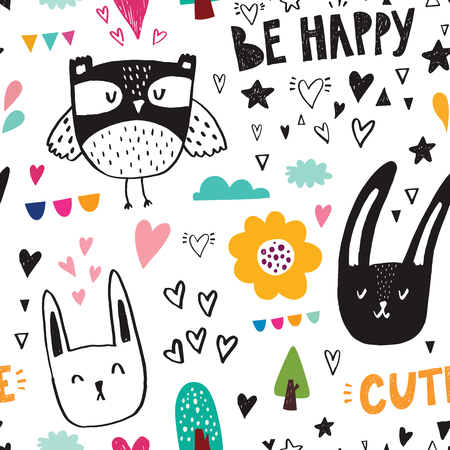 Seamless pattern with black owl and rabbitsのイラスト素材
