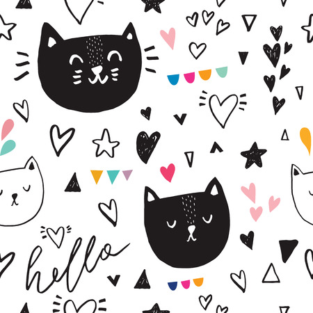 Seamless pattern with black cute kittyのイラスト素材