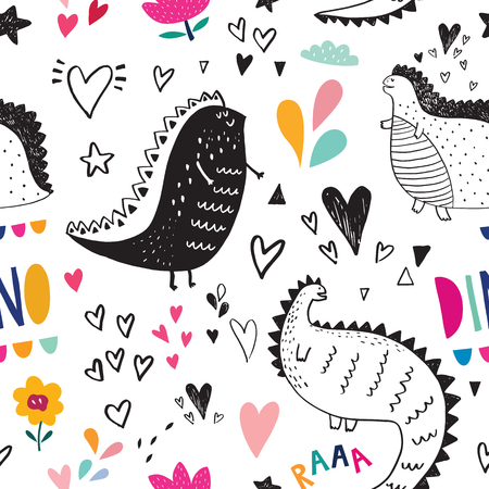 Seamless pattern with cute black dinosaurs in natureのイラスト素材