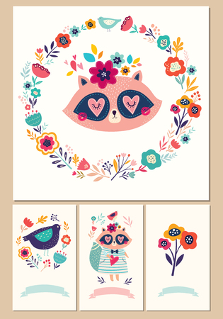 Vector illustration with cute raccoon and flowersのイラスト素材
