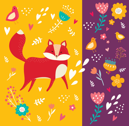 Vector illustration with cute fox and floral elementsの写真素材