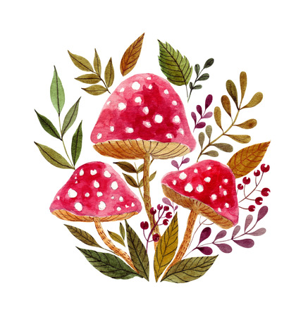 Watercolor red mushroomsの写真素材