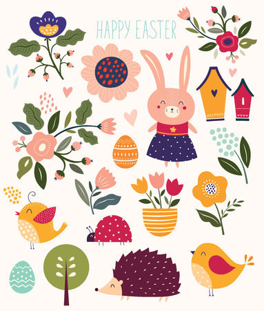 Collection of florals and Easter elements. Rabbit, chicks, hedgehog and flowers.のイラスト素材