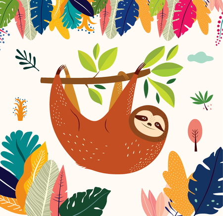 Cartoon vector illustration with funny cute slothのイラスト素材