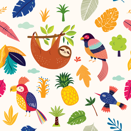 Seamless pattern with cute sloth, parrot and tropical leavesのイラスト素材
