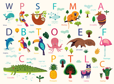 Vector poster with cute animals. Play cards for kids. Decorative funny animals in alphabet. Cartoon design for stickers, wall decals, cards and any nursery decorのイラスト素材