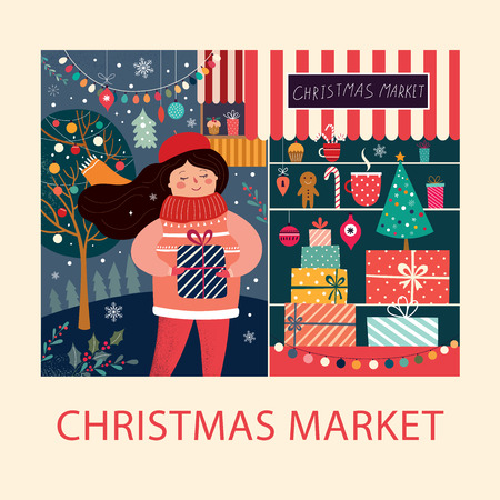 Vector illustration with girl and christmas gifts. Christmas Marketのイラスト素材