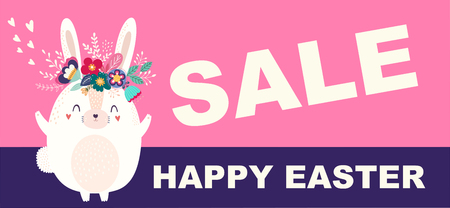 Vector illustration with cute bunny and flowers. Easter illustrationのイラスト素材