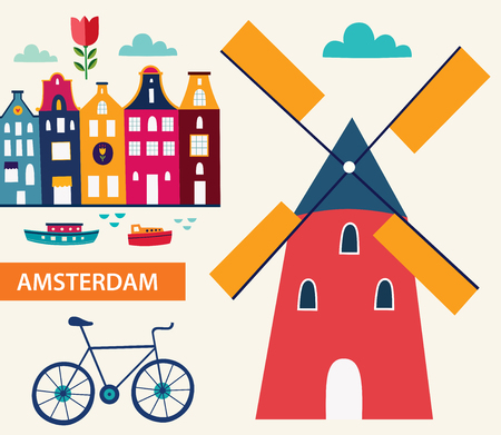 Cartoon style with symbols of Amsterdamのイラスト素材