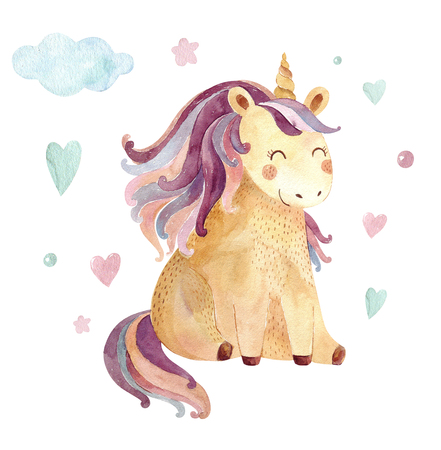Vintage watercolor  with pastel colors. Kids design with magical unicornの写真素材