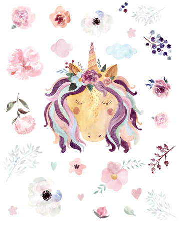 Vintage watercolor  with pastel colors. Kids design with magical unicornの写真素材