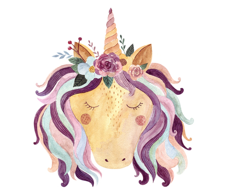 Vintage watercolor  with pastel colors. Kids design with magical unicornの写真素材