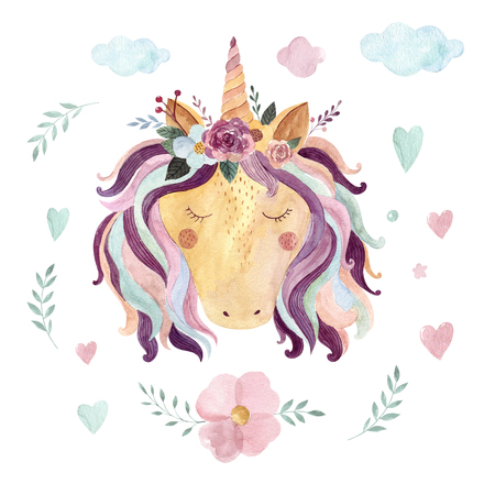 Vintage watercolor  with pastel colors. Kids design with magical unicornの写真素材