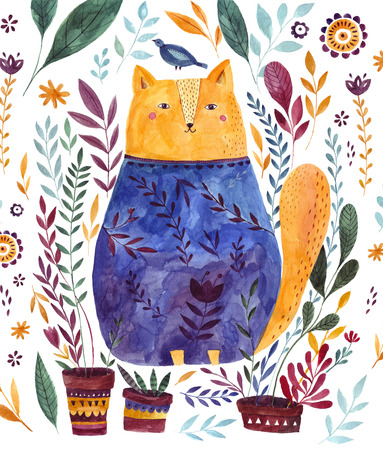 Watercolor  with cute blue catの写真素材
