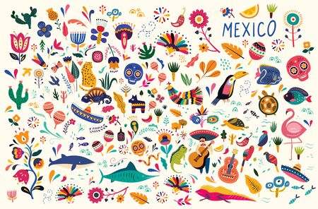 Mexican decorative vector pattern. Map of Mexico with traditional symbols and decorative elements.のイラスト素材