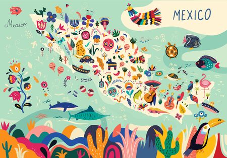 Map of Mexico with traditional symbols and decorative elements.のイラスト素材