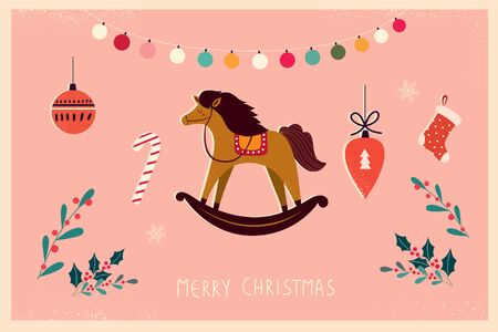 Christmas banner with horse toy and Christmas toys in vintage styleのイラスト素材