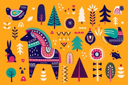 Scandinavian folk Christmas collection with Christmas deerのイラスト素材