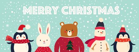 Vector Christmas banner with funny characters bear, snowman, penguin and bunnyのイラスト素材